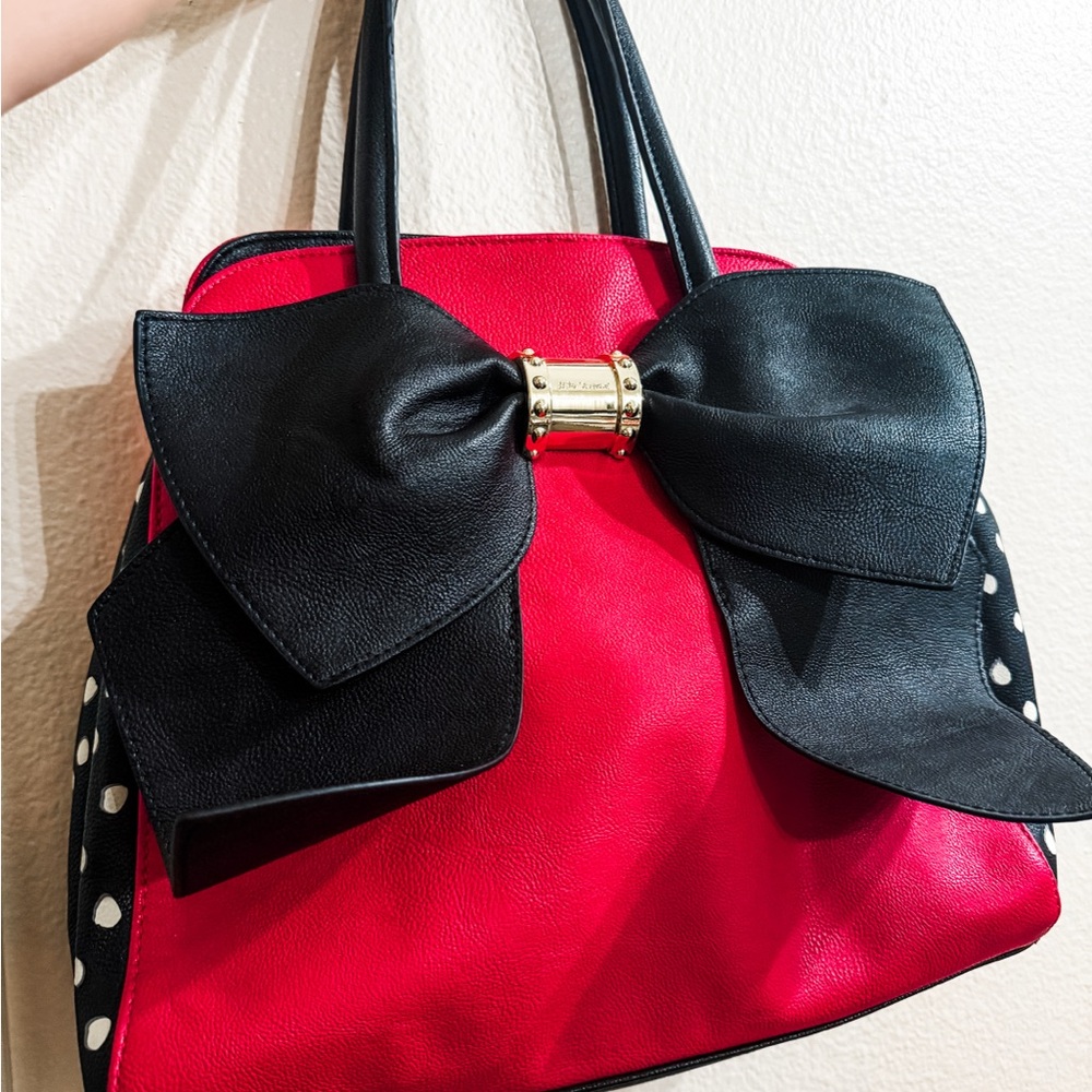 Authentic Betsey Johnson Black and Magenta Pink Bow Tote Purse